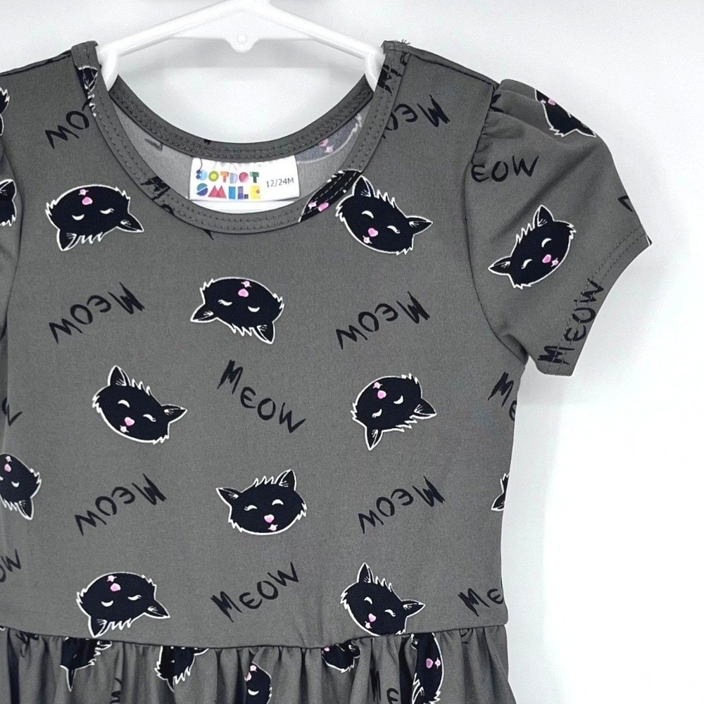 Dot Dot Smile Dress Girls 12/24M Gray Cat‎ Meow Print Short Sleeve Twirl Skater